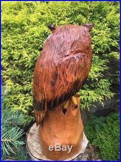 Chainsaw Carved Horned Owl CHERRY WOOD Sculpture Carving Log Home Folk Art Decor