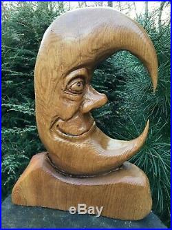 Chainsaw Carved MAN in the MOON Face OAK WOOD Sculptures Folk Art ONE of a KIND