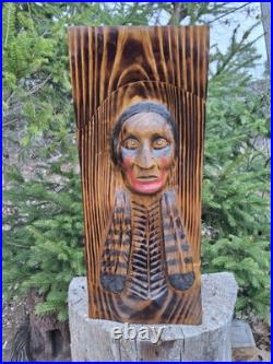 Chainsaw Carved Native American Indian Wood Carving Art Rustic Home Decor Bust