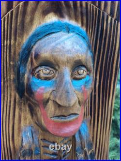 Chainsaw Carved Native American Indian Wood Carving Art Rustic Home Decor Bust