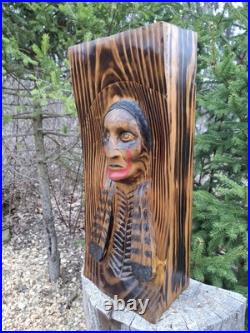 Chainsaw Carved Native American Indian Wood Carving Art Rustic Home Decor Bust