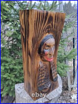 Chainsaw Carved Native American Indian Wood Carving Art Rustic Home Decor Bust