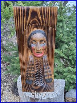 Chainsaw Carved Native American Indian Wood Carving Art Rustic Home Decor Bust