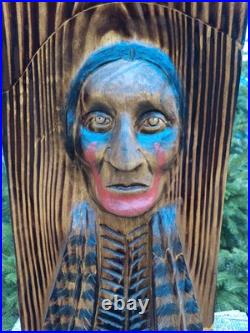 Chainsaw Carved Native American Indian Wood Carving Art Rustic Home Decor Bust
