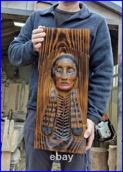 Chainsaw Carved Native American Indian Wood Carving Art Rustic Home Decor Bust