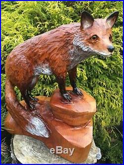 Chainsaw Carved RED FOX Sculpture CHERRY WOOD home/garden decor REALISTIC