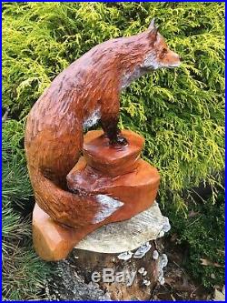 Chainsaw Carved RED FOX Sculpture CHERRY WOOD home/garden decor REALISTIC