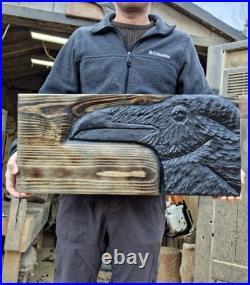 Chainsaw Carved Raven Crow Black Bird Corvid Wall Art Wood Carving Rustic Home