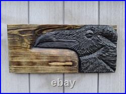 Chainsaw Carved Raven Crow Black Bird Corvid Wall Art Wood Carving Rustic Home