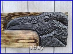 Chainsaw Carved Raven Crow Black Bird Corvid Wall Art Wood Carving Rustic Home