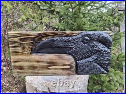 Chainsaw Carved Raven Crow Black Bird Corvid Wall Art Wood Carving Rustic Home