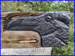 Chainsaw Carved Raven Crow Black Bird Corvid Wall Art Wood Carving Rustic Home