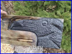 Chainsaw Carved Raven Crow Black Bird Corvid Wall Art Wood Carving Rustic Home