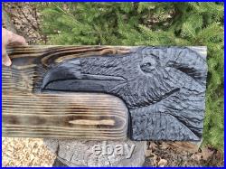 Chainsaw Carved Raven Crow Black Bird Corvid Wall Art Wood Carving Rustic Home