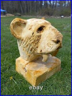 Chainsaw Carved Sabertooth Cat Tiger Head Bust Wood Carving Art Decor Handmade