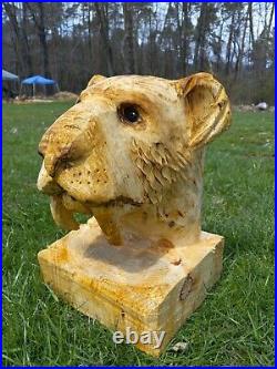 Chainsaw Carved Sabertooth Cat Tiger Head Bust Wood Carving Art Decor Handmade