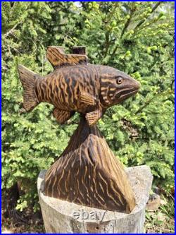 Chainsaw Carved Smallmouth Bass Wood Carving Fish Sculpture Statue Rustic Decor
