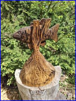 Chainsaw Carved Smallmouth Bass Wood Carving Fish Sculpture Statue Rustic Decor