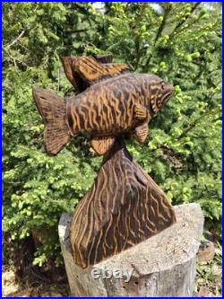 Chainsaw Carved Smallmouth Bass Wood Carving Fish Sculpture Statue Rustic Decor