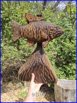 Chainsaw Carved Smallmouth Bass Wood Carving Fish Sculpture Statue Rustic Decor