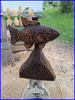 Chainsaw Carved Smallmouth Bass Wood Carving Fish Sculpture Statue Rustic Decor