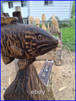 Chainsaw Carved Smallmouth Bass Wood Carving Fish Sculpture Statue Rustic Decor
