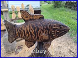 Chainsaw Carved Smallmouth Bass Wood Carving Fish Sculpture Statue Rustic Decor
