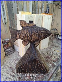 Chainsaw Carved Smallmouth Bass Wood Carving Fish Sculpture Statue Rustic Decor
