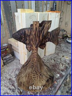 Chainsaw Carved Smallmouth Bass Wood Carving Fish Sculpture Statue Rustic Decor