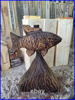 Chainsaw Carved Smallmouth Bass Wood Carving Fish Sculpture Statue Rustic Decor