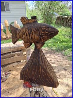 Chainsaw Carved Smallmouth Bass Wood Carving Fish Sculpture Statue Rustic Decor
