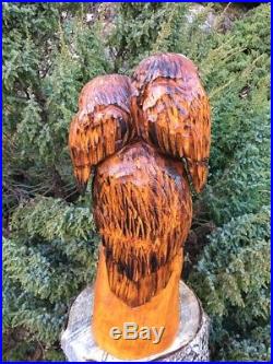Chainsaw Carved Triple Owls Totem Pole WHITE PINE WOOD Sculpture Statue FOLK ART
