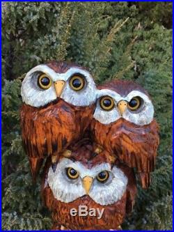 Chainsaw Carved Triple Owls Totem Pole WHITE PINE WOOD Sculpture Statue FOLK ART