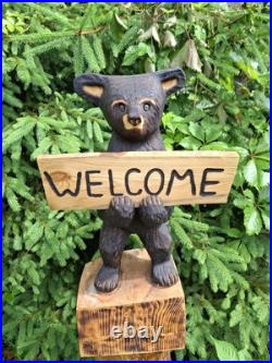 Chainsaw Carved Welcome Bear Wood Carving Bears Sculpture Statue Rustic Home