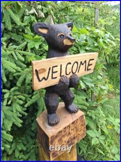 Chainsaw Carved Welcome Bear Wood Carving Bears Sculpture Statue Rustic Home