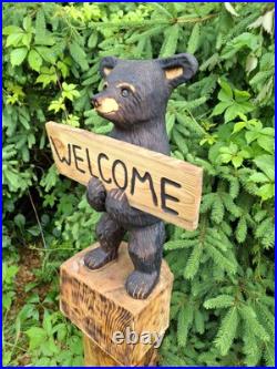 Chainsaw Carved Welcome Bear Wood Carving Bears Sculpture Statue Rustic Home