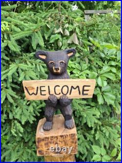 Chainsaw Carved Welcome Bear Wood Carving Bears Sculpture Statue Rustic Home