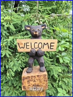 Chainsaw Carved Welcome Bear Wood Carving Bears Sculpture Statue Rustic Home