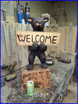 Chainsaw Carved Welcome Bear Wood Carving Bears Sculpture Statue Rustic Home