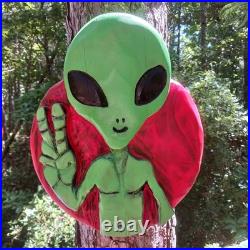 Chainsaw Carving Alien Peace Sign Green Monster UFO Wall Hanger Planet Mars UAP Chainsaw Carving Alien Peace Sign Green Monster UFO Wall Hanger Planet Mars UAP