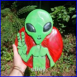 Chainsaw Carving Alien Peace Sign Green Monster UFO Wall Hanger Planet Mars UAP Chainsaw Carving Alien Peace Sign Green Monster UFO Wall Hanger Planet Mars UAP