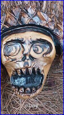 Chainsaw Carving Native American Skull Head Dress 18 Wall Hanger Wood Carving