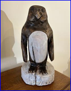 Chainsaw carved Wooden Penguin Figurine Sculpture on Base, Bird Animal Class