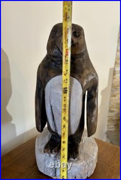 Chainsaw carved Wooden Penguin Figurine Sculpture on Base, Bird Animal Class