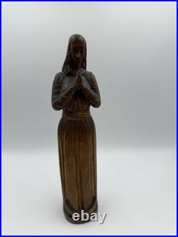 Chars1934 Hand Carved Wood Statue Woman in Prayer Signed Gaudreau Folk Art 12'