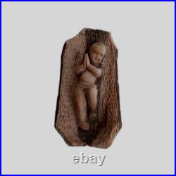 Child Jesus Figure In His Cradle. Wood Carving Sculpture. C1950