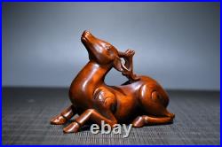 Chinese Antique Boxwood Wood Carving Exquisite Deer Statue Collection Nice Art
