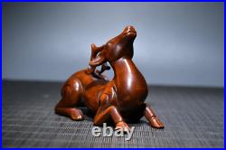 Chinese Antique Boxwood Wood Carving Exquisite Deer Statue Collection Nice Art