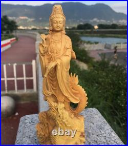 Chinese Boxwood Wood Carving Guan Yin Ride Dragon Goddess Bodhisattva Statue