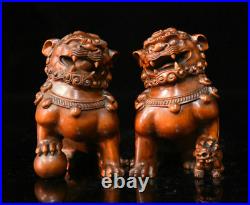Chinese Boxwood Wood Hand-Carved Fengshui Foo Fu Dog Guardion Lion Statue Pair